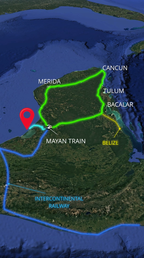 Videomapa satelital vertical con rutas y puntos de interés en la península de Yucatán
